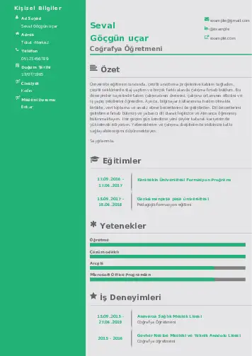 Coğrafya Öğretmeni CV Örnekleri cv indir